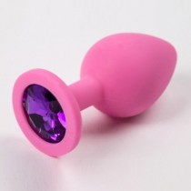 Силиконовая анальная пробка M розовая с фиолетовым камнем