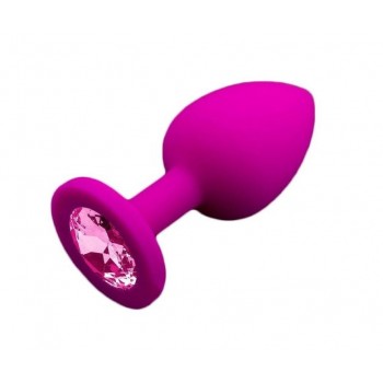 Силиконовая анальная пробка M пурпурная с розовым камушком